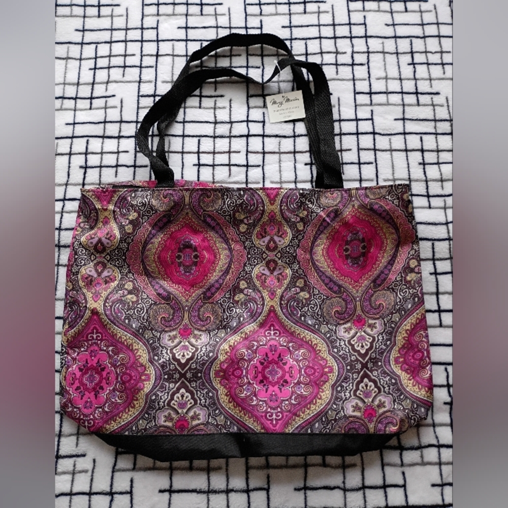 Mary Maxim Pink and Black Paisley Style Tote Bag Zipper Closure